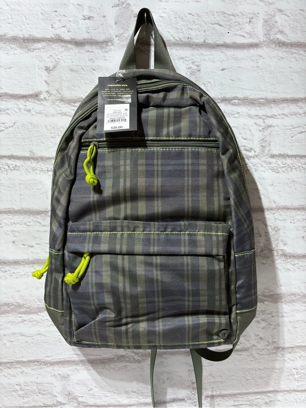 art class Olive Plaid Backpack with Neon Yellow Accents